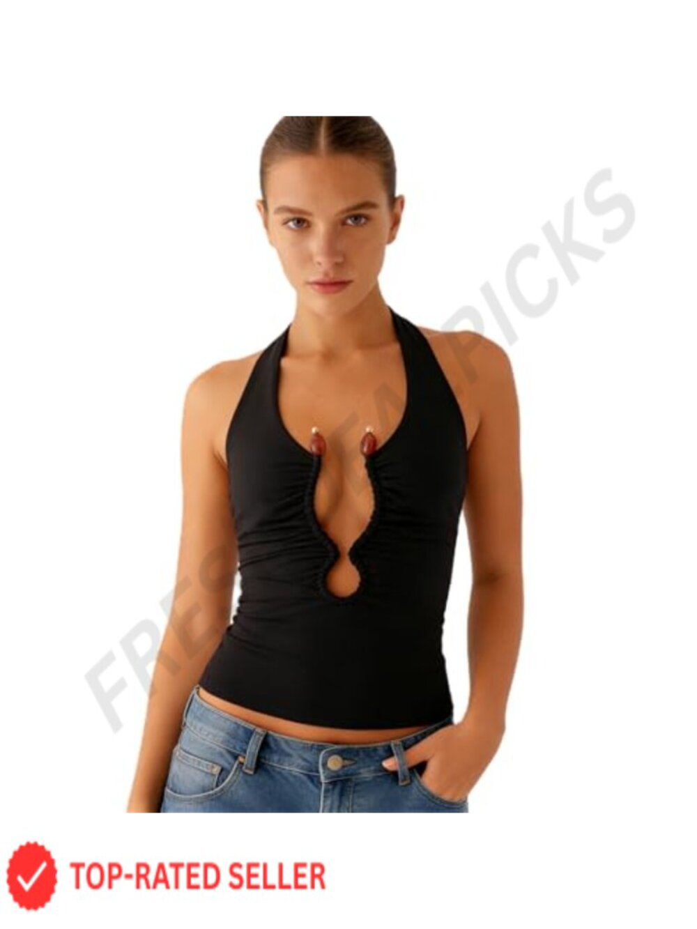 Wavy Keyhole Cutout Backless Halter Crop Tank Top Y2K